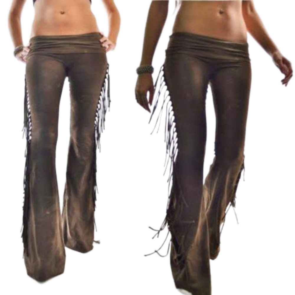 PETITE LENGTH Hiphugger Fringe Bell Bottoms in BROWN TIE DYE Rocker Festival - Picture 7 of 13